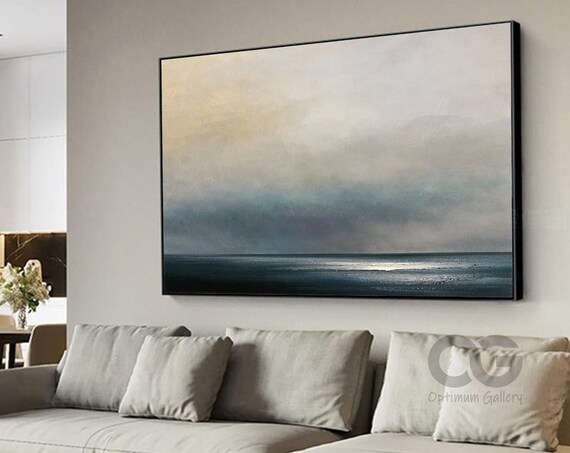 Minimalist Abstract Seascape Pale Sky Dark Blue Ocean Square Wall Art