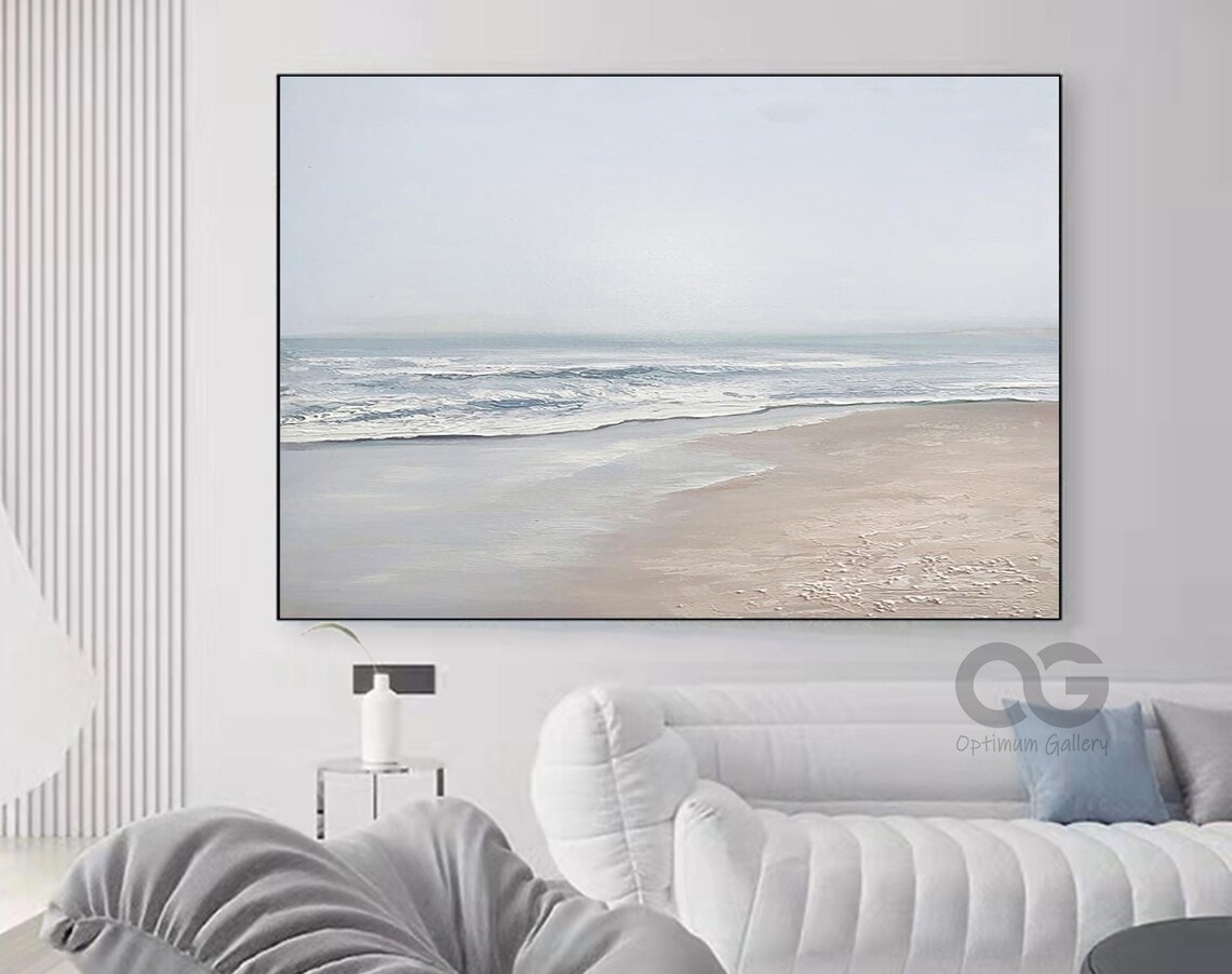 Soft White Beach Painting Gentle Waves Sandy Shore Hazy Coastal Wall Art Poster - Image 2