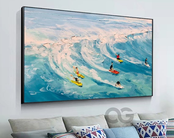 Original Surfer Painting Surfer Surf Board Art Large Blue Ocean Wall Art Decor Abstract Beach Landscape Painting Acrylic The Gift For Surfer