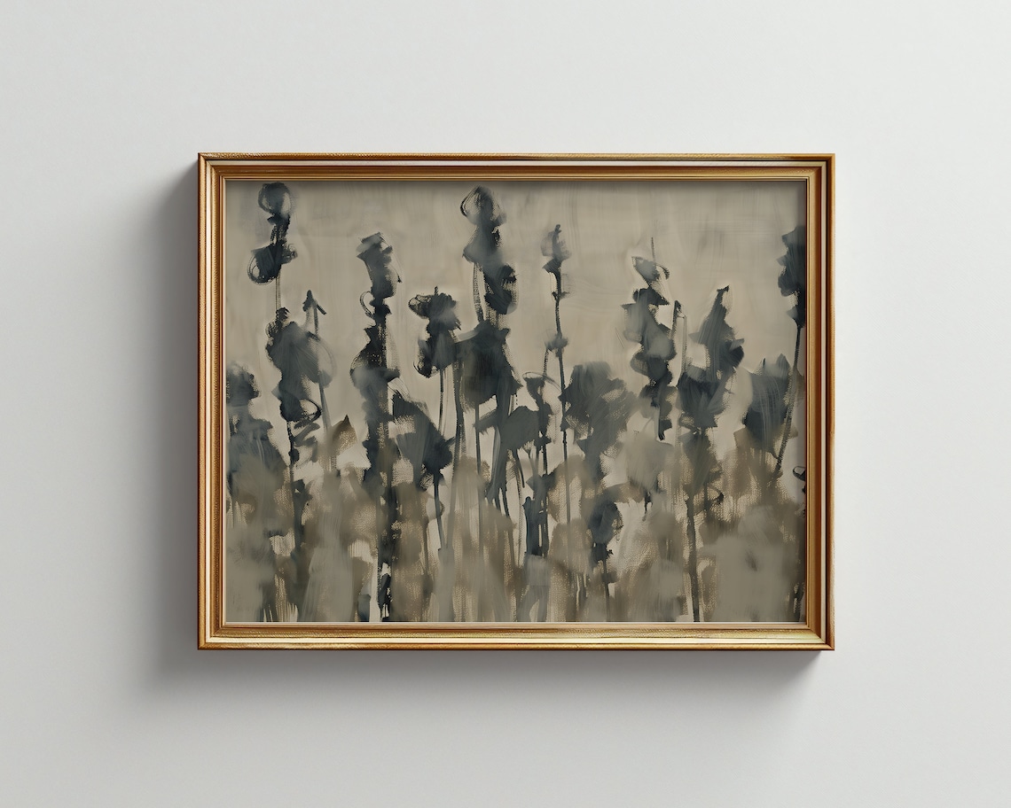 Muted Gray Botanical Abstract Oil Painting Minimalist Wall Poster
