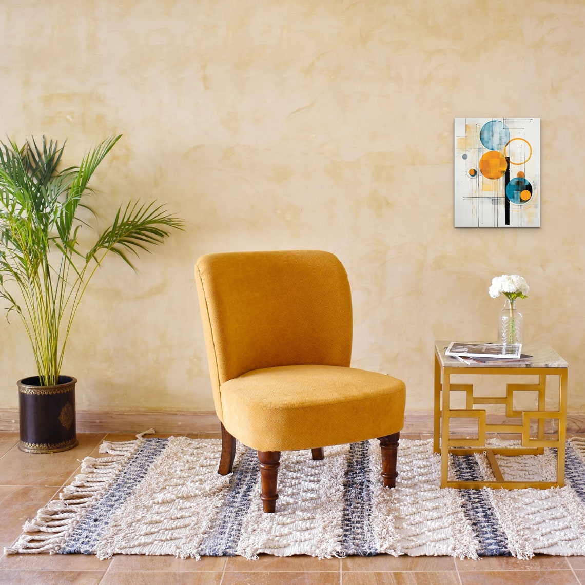 Abstract Orange And Blue Circles Geometric Watercolor Wall Art