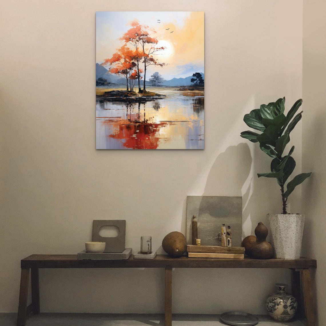 Autumn Trees Reflecting On Lake Serene Landscape Painting Poster - Image 4