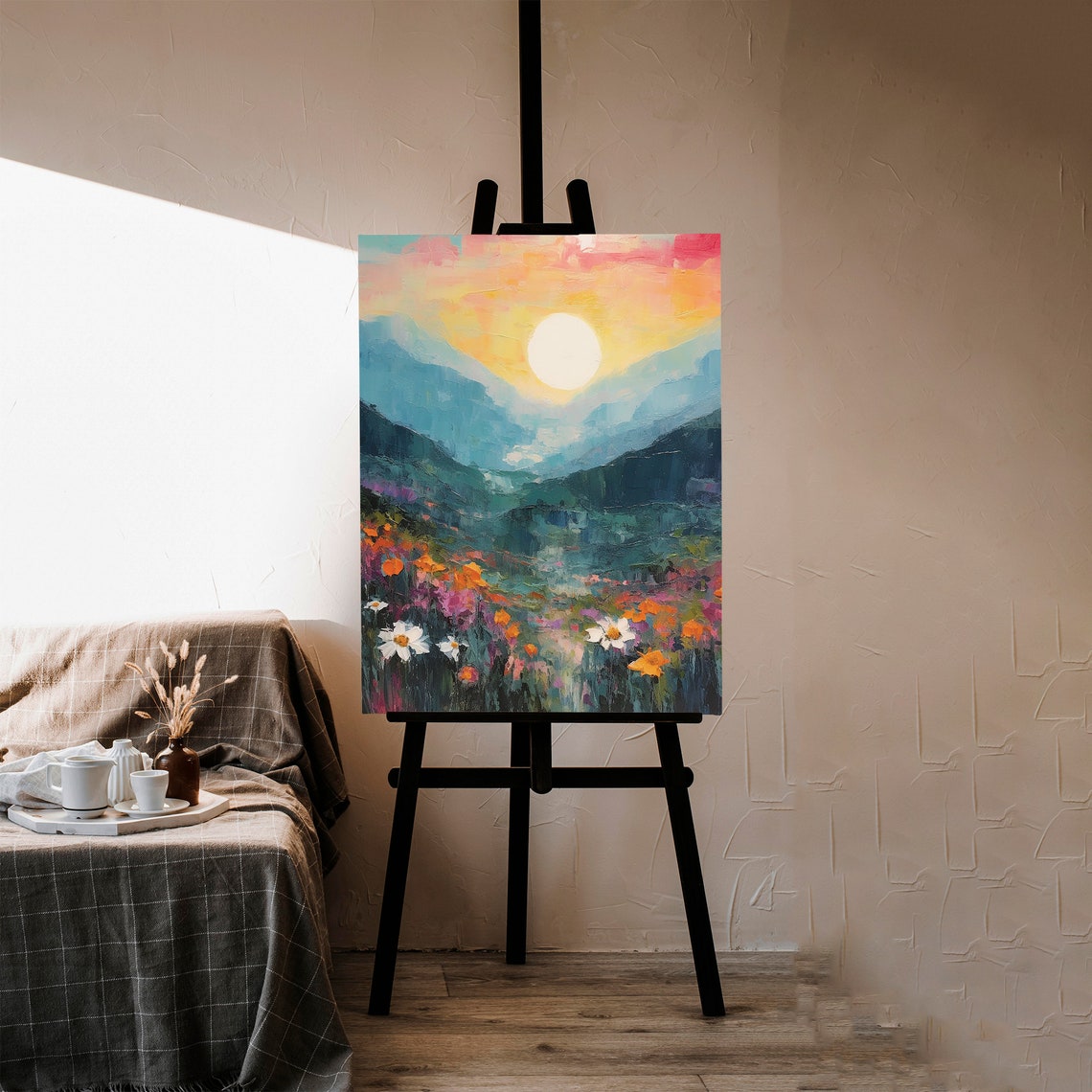 Mountain Sunrise Landscape With Wildflowers Impressionist Poster