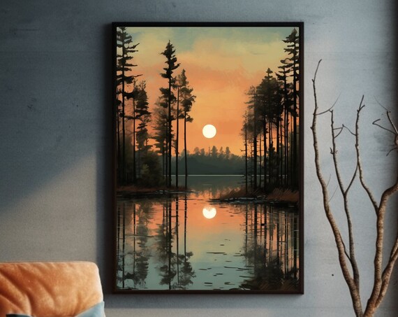Pine Forest Lake Reflection Art Print, Rustic Decor