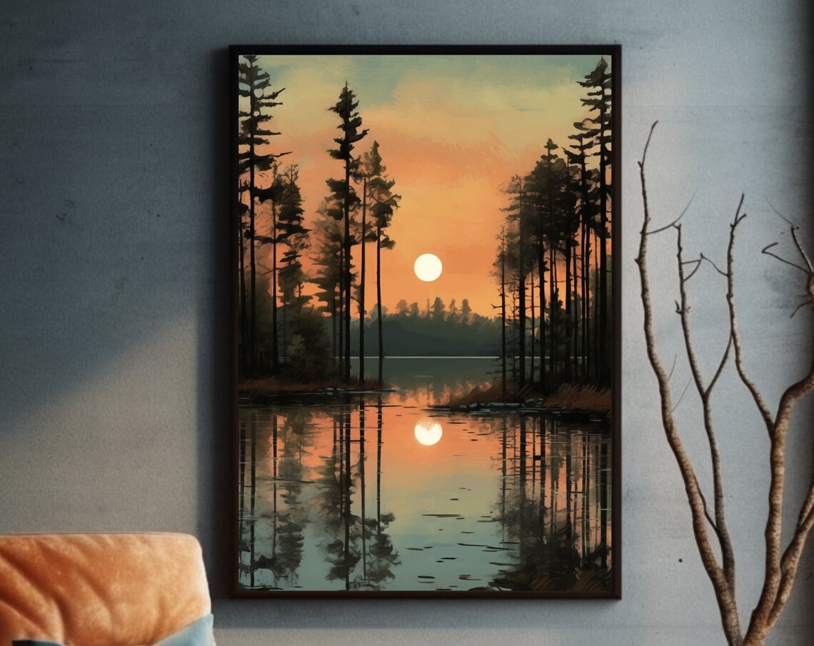 Pine Forest Lake Reflection Art Print, Rustic Decor