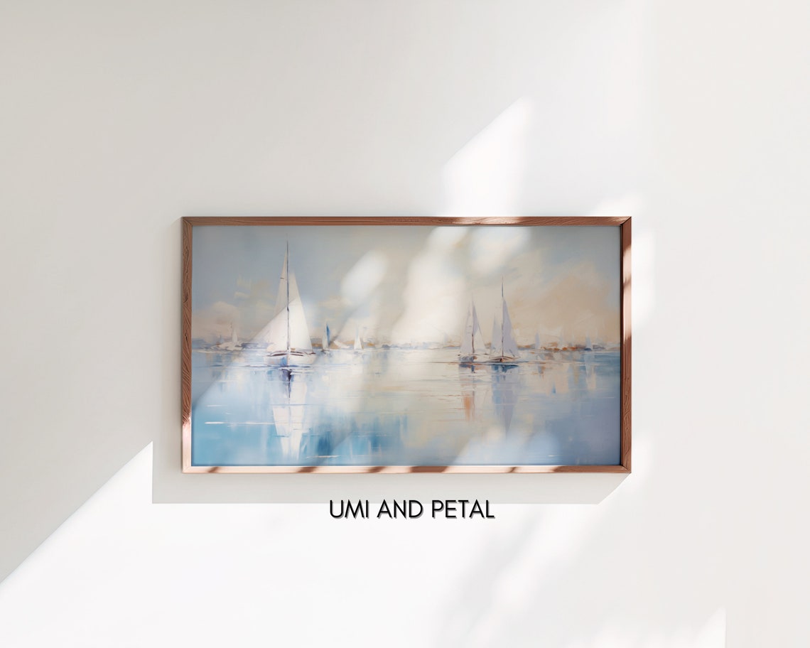 White Sailboats Calm Blue Water Serene Coastal Sailing Poster - Image 3