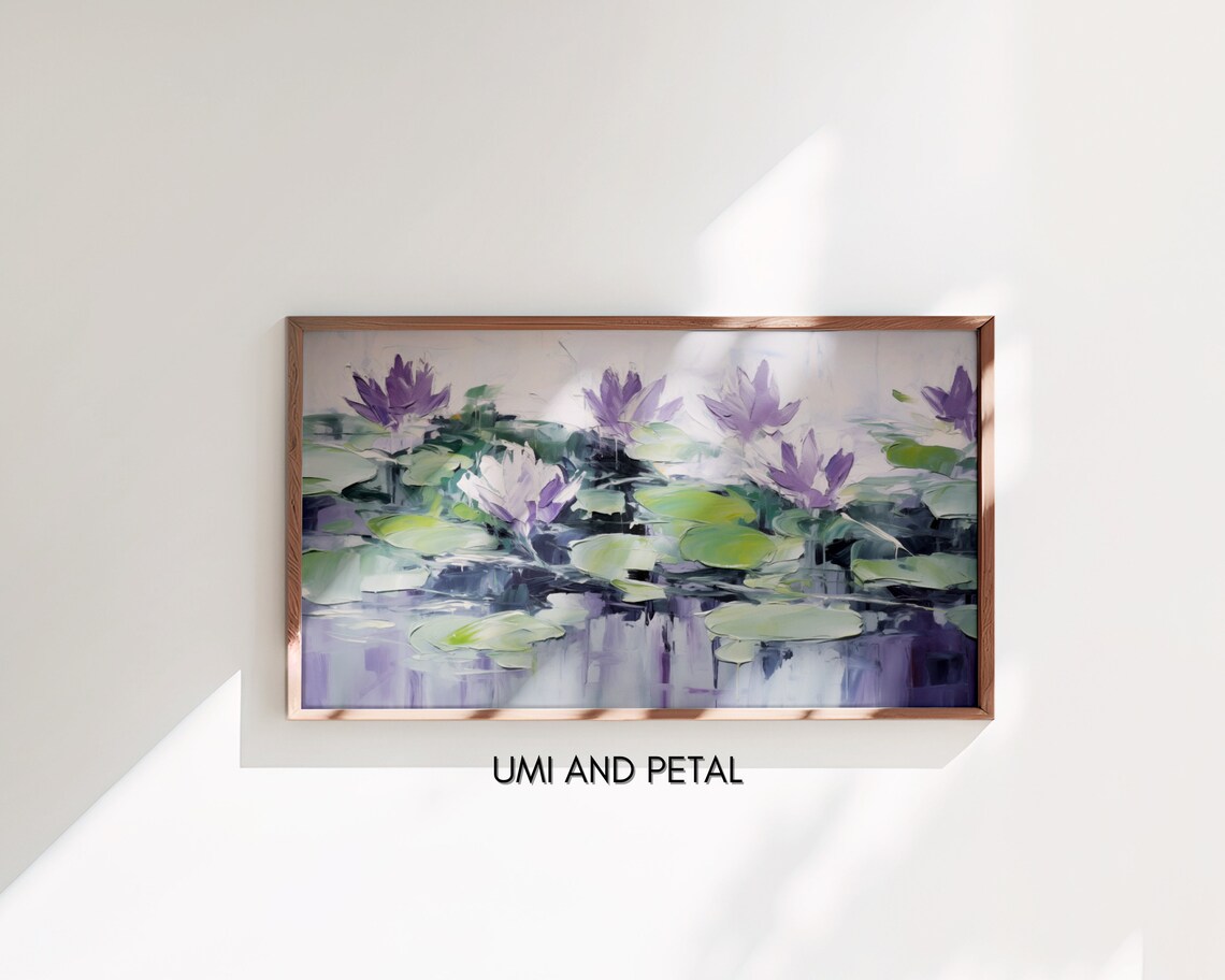 Purple Water Lilies Lily Pads Impasto Floral Pond Oil Painting Poster - Image 3