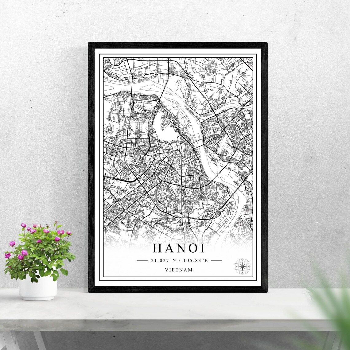 Hanoi Vietnam Black And White City Street Map With Coordinates Decor Poster
