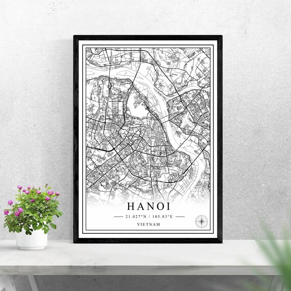 Hanoi Vietnam Black And White City Street Map With Coordinates Decor Poster