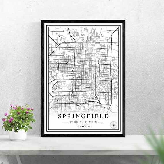 Springfield Missouri City Map Poster, Black and White Travel Gift Decor