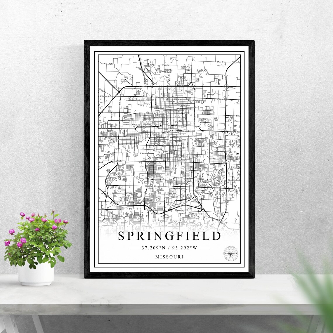 Springfield Missouri City Map Poster, Black and White Travel Gift Decor