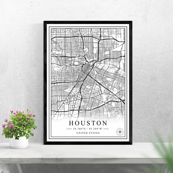 Houston Texas Minimalist Black and White City Street Map Wall Art