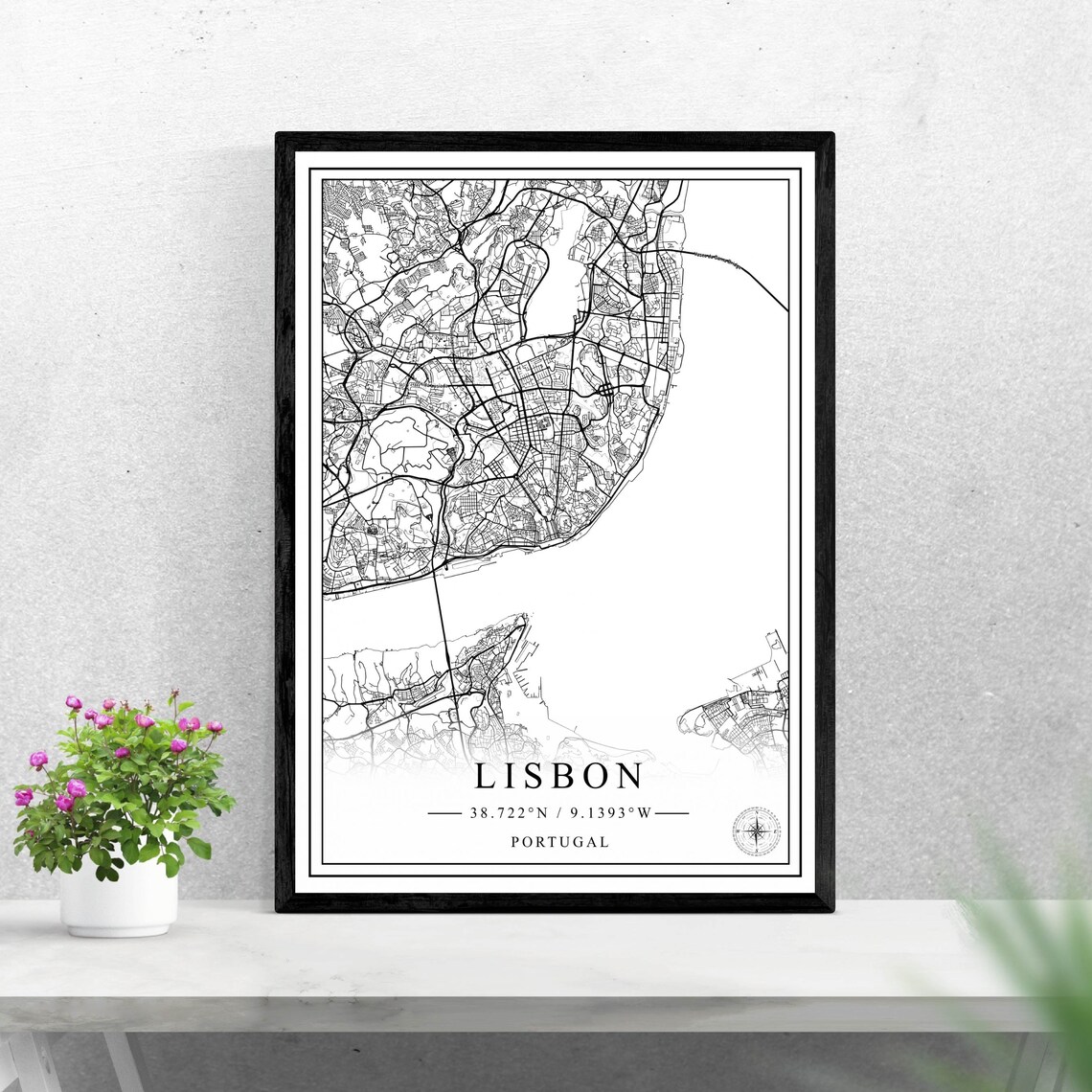 Lisbon Portugal City Map Poster, Black and White Minimalist Travel Gift
