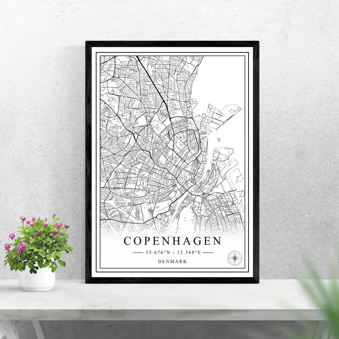 Copenhagen Denmark Black and White City Map Poster with Coordinates