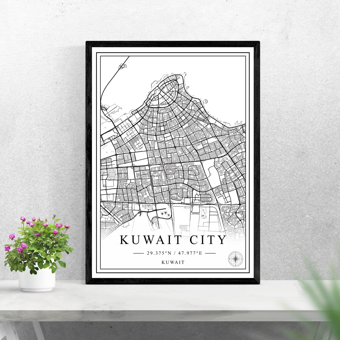Kuwait City Kuwait Minimalist Black and White Street Map Wall Art