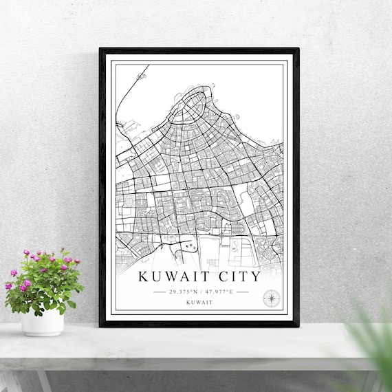 Kuwait City Kuwait Minimalist Black and White Street Map Wall Art