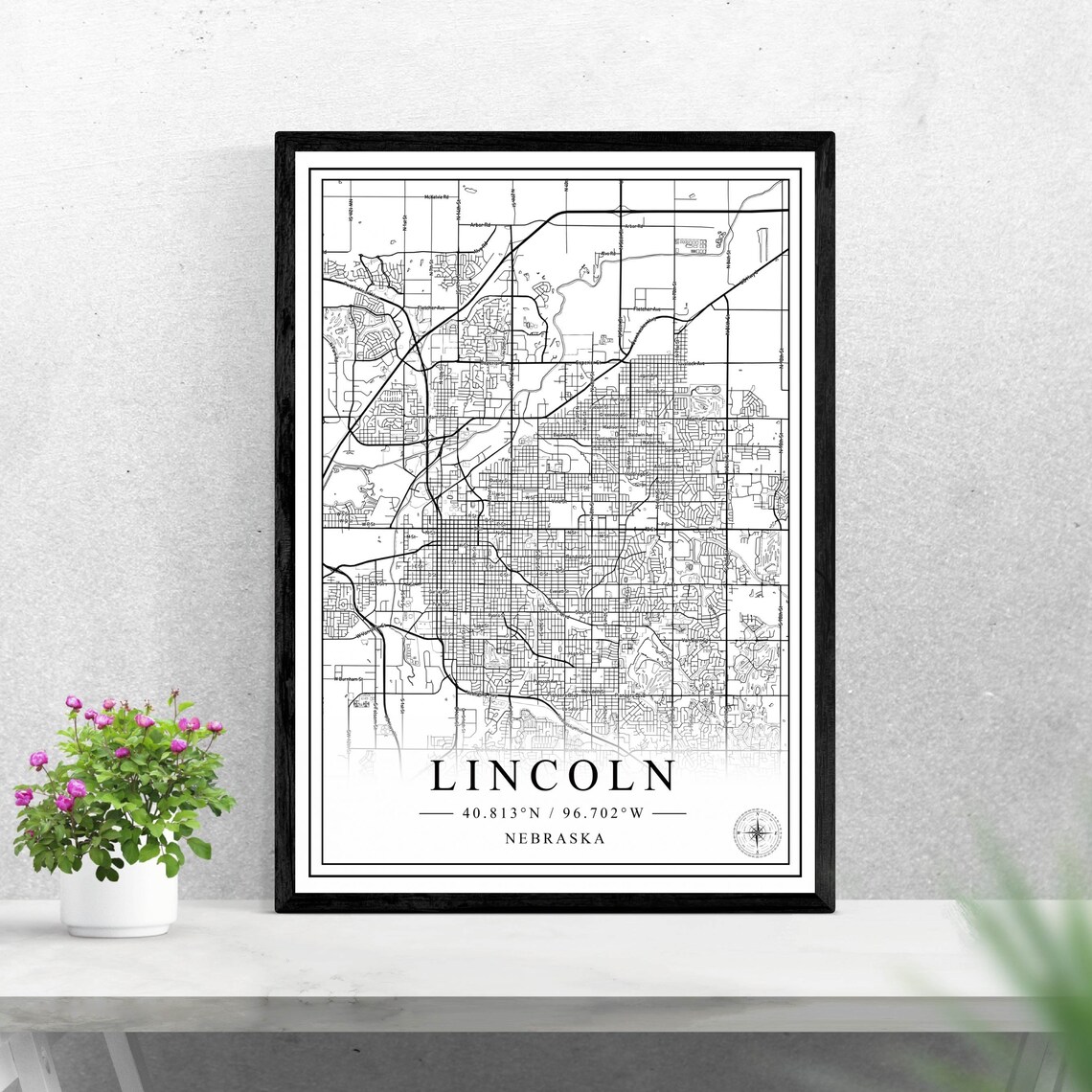 Lincoln Nebraska City Street Map Black White Art Poster Decor