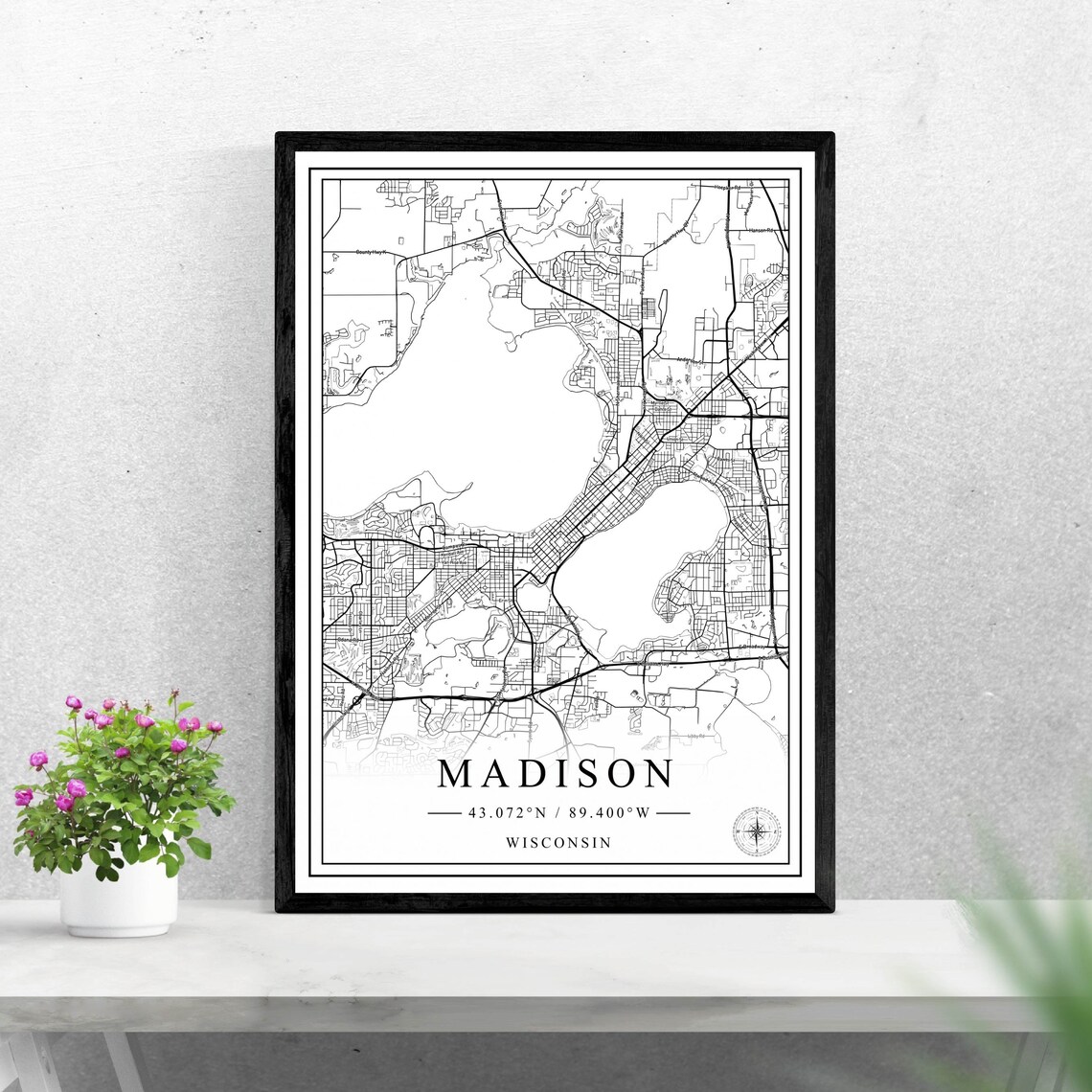 Madison Wisconsin Black and White Minimalist Street Map Print