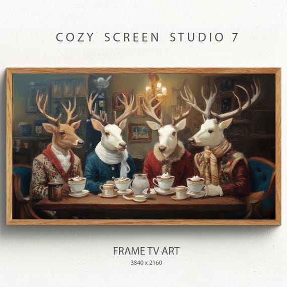 Reindeer Drinking Hot Cocoa Frame Tv Art Funny Christmas Painting Wallpaper
