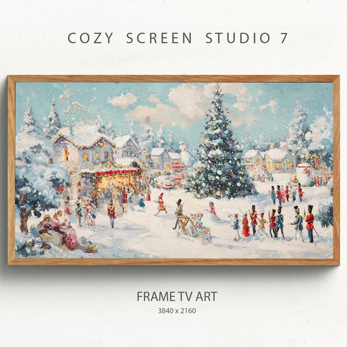 Snowy Christmas Village Market Town Winter Holiday Scene Poster