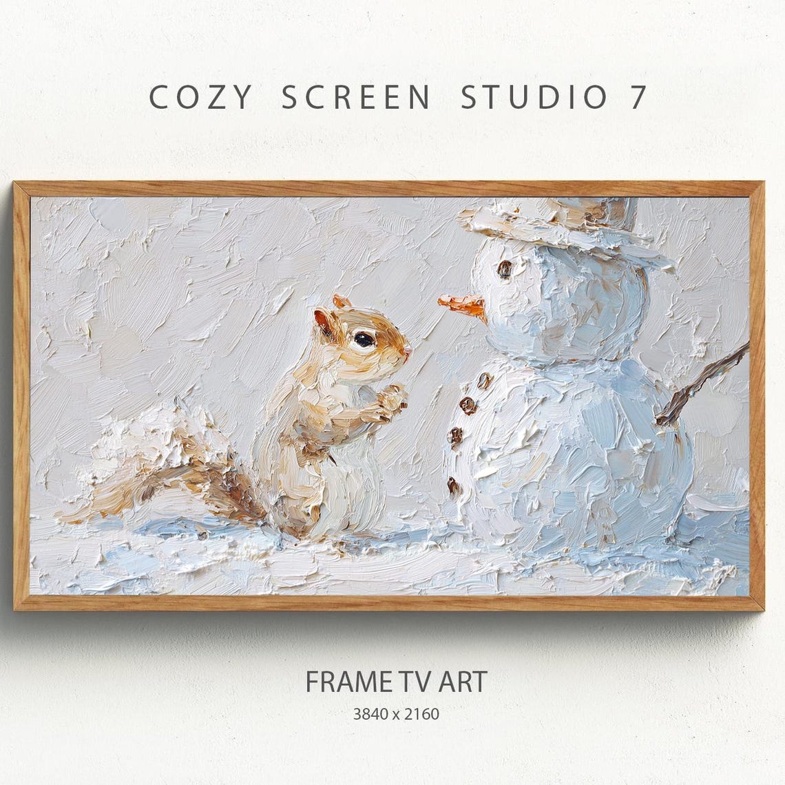Snowman And Squirrel Frame Tv Art Impasto Christmas Painting Wallpaper