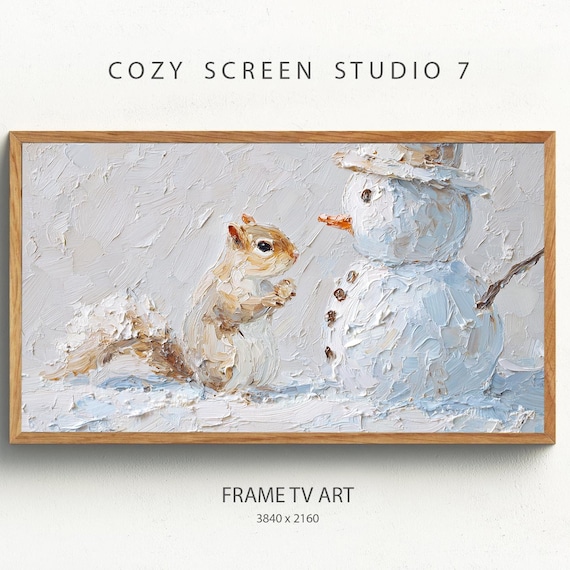 Snowman and Squirrel Impasto Winter Christmas Wall Art Decor