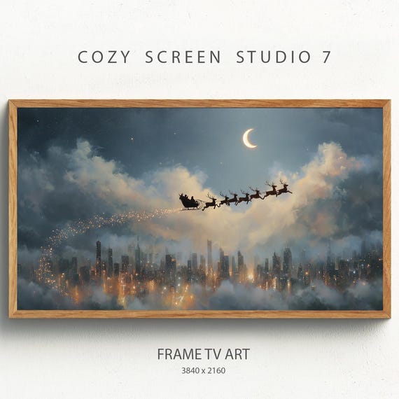 Santa Sleigh Over City Frame Tv Art Christmas Painting