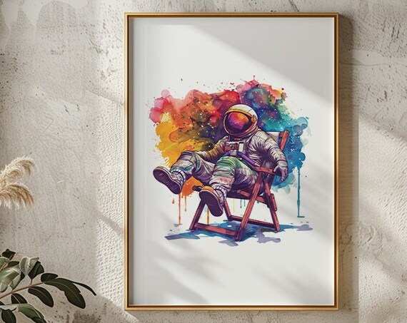 Relaxing Astronaut Beach Chair Cosmic Space Watercolor Art Poster