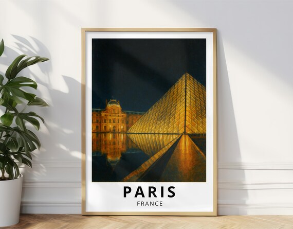 Paris Louvre Pyramid Night Golden Reflection Oil Painting France Poster