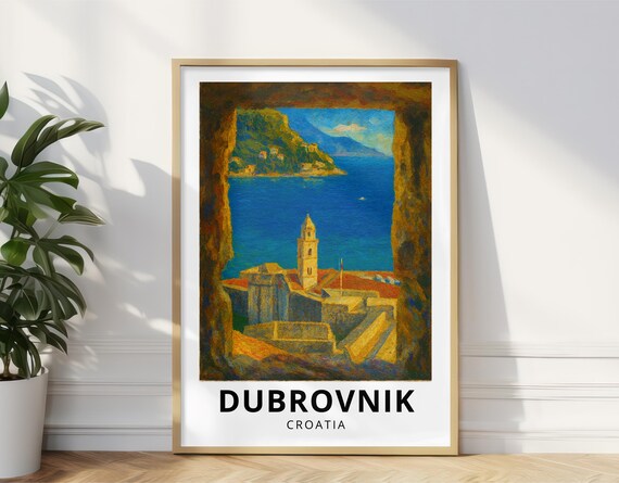 Dubrovnik Croatia Travel Poster Old Town Sea View Wall Art Print Adriatic Coast Cityscape Decor Mediterranean Gift Oil Paint