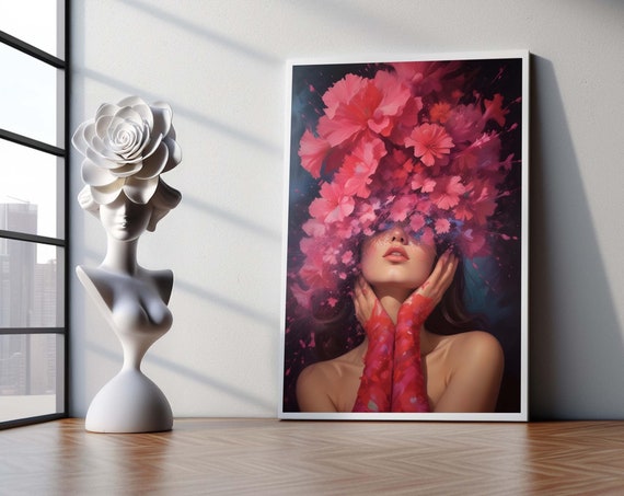 Flowerhead Woman Portrait Canvas Surreal Floral Face Wall Art Print Colorful Boho Botanical Dcor Feminine Nature Lover Gift