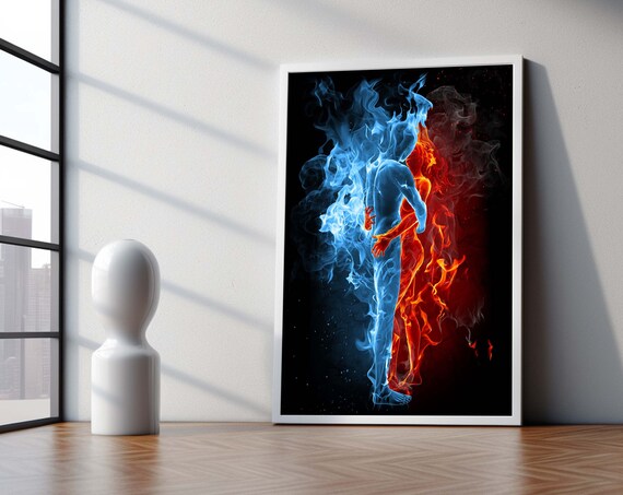 Couple Artpassionate Embrace Of Fire And Water Abstract Duality Canvas Art Fiery Red Cool Blue Lovers In Flamesready To Hang Artwork