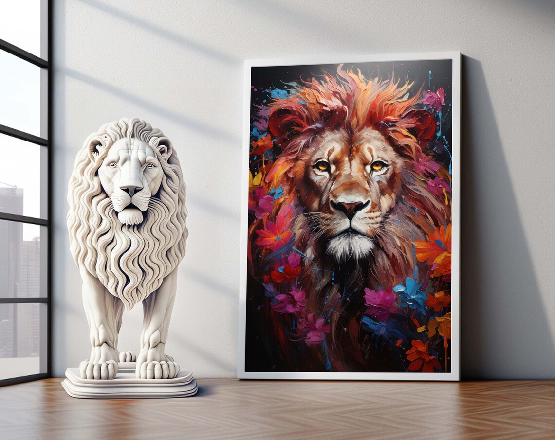 Majestic Lion Portrait with Colorful Flowers Bold Wildlife Art Poster