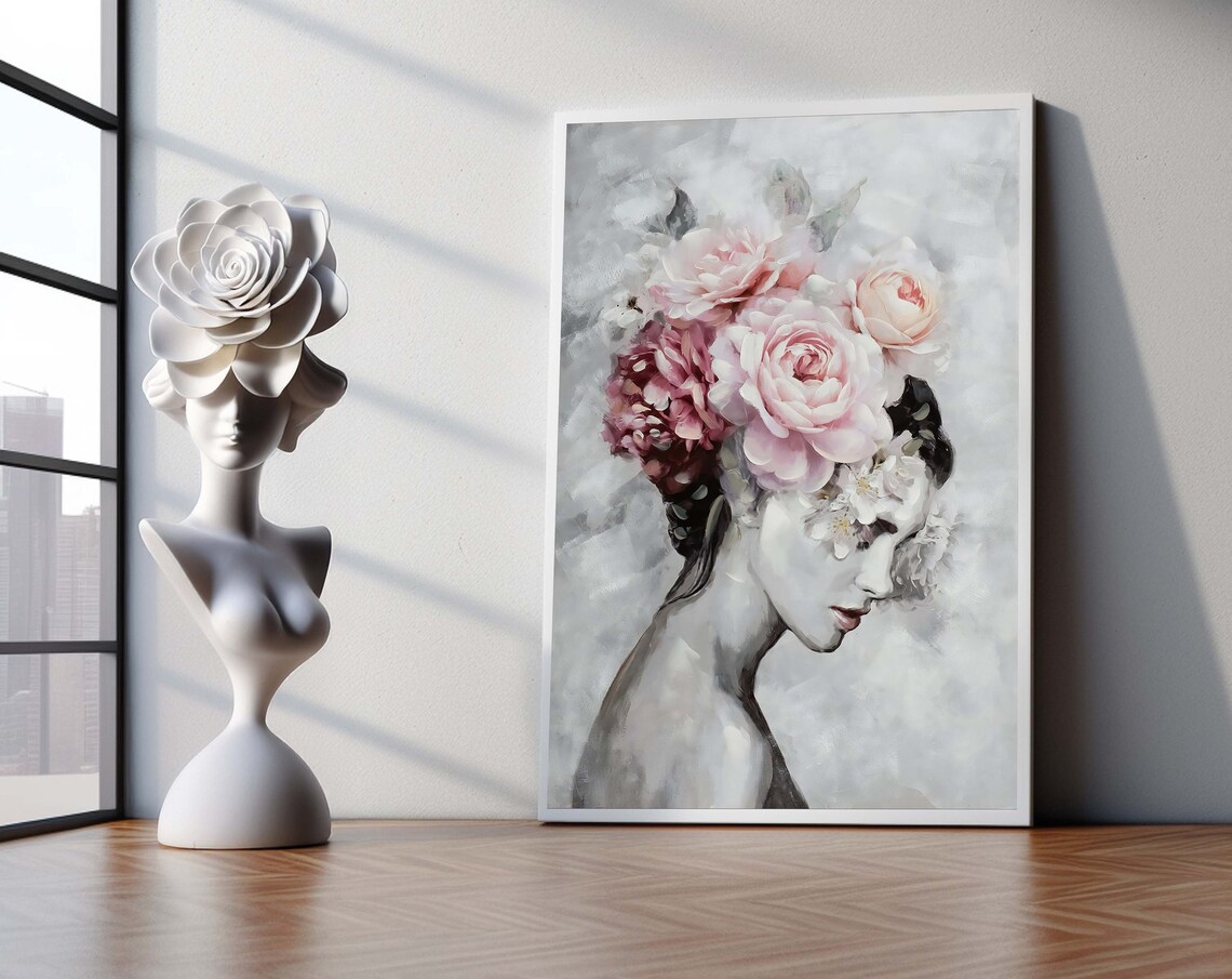 Pastel Rose Floral Woman Portrait Soft Elegant Botanical Style Print