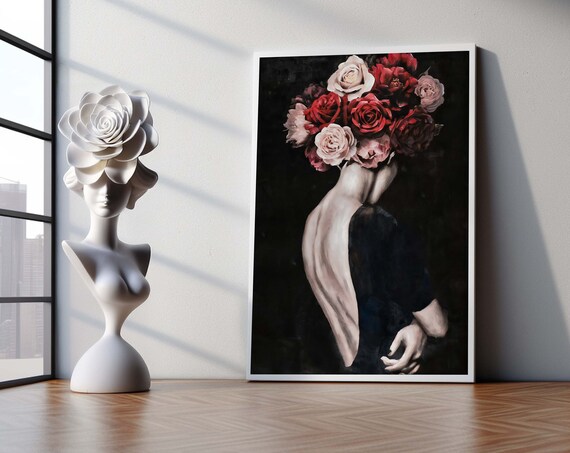 Woman with Head of Roses Back View Romantic Floral Art Poster
