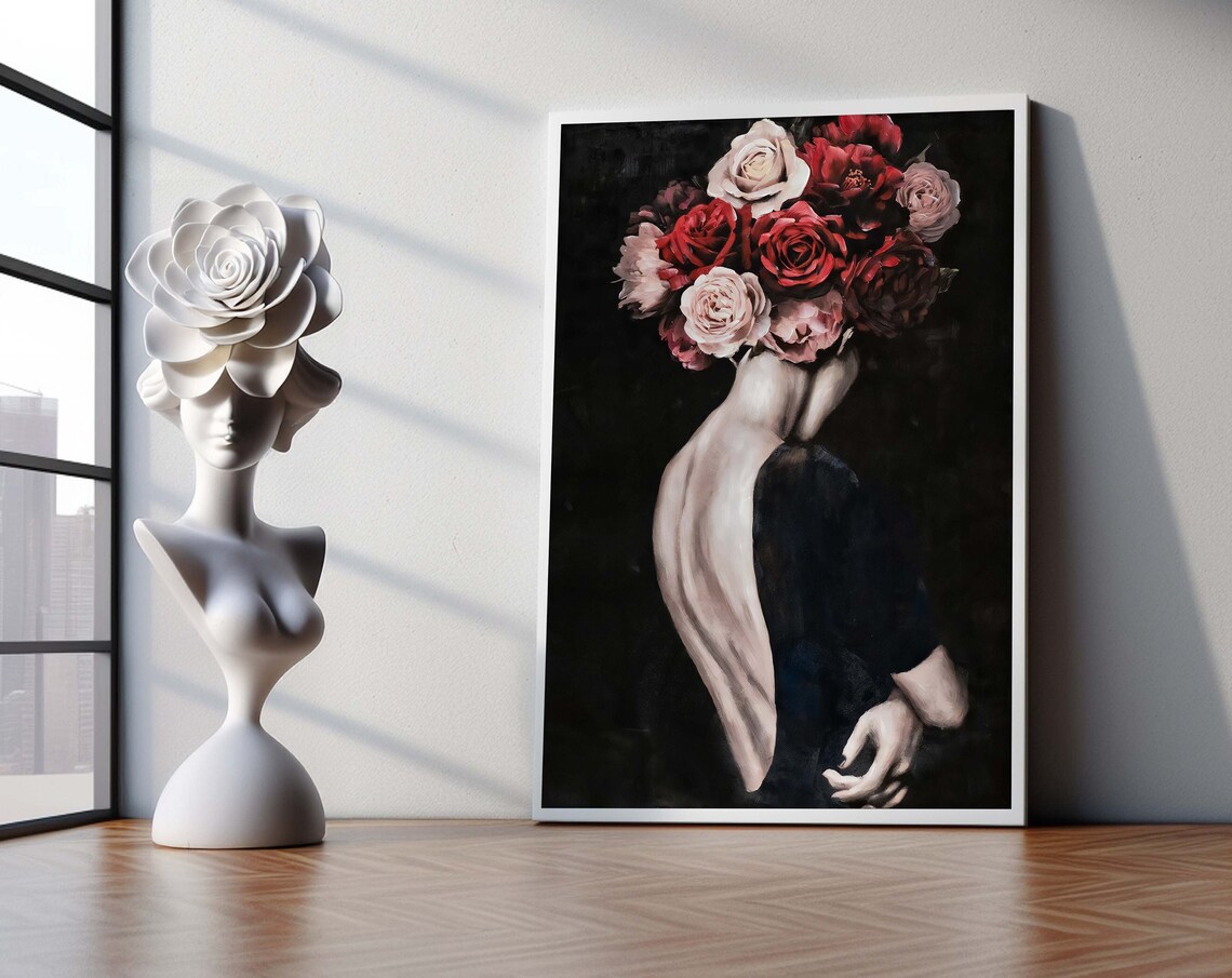 Woman with Head of Roses Back View Romantic Floral Art Poster