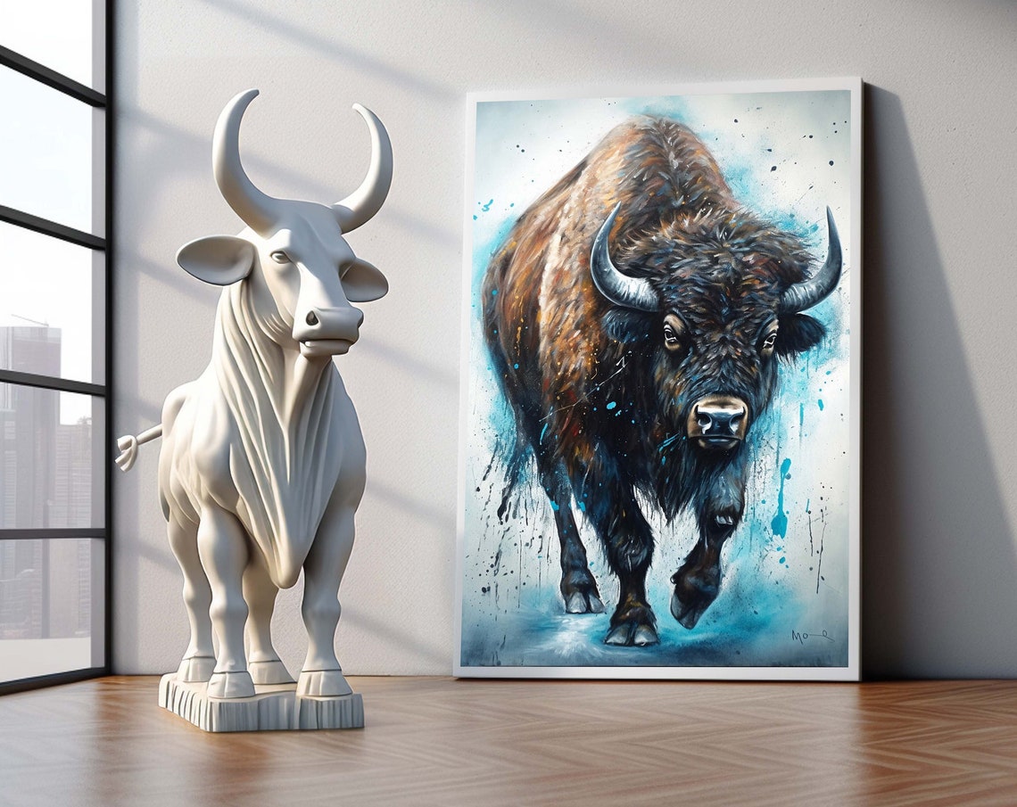 Majestic Bison Charging Watercolor Wildlife Portrait Blue Tone Print