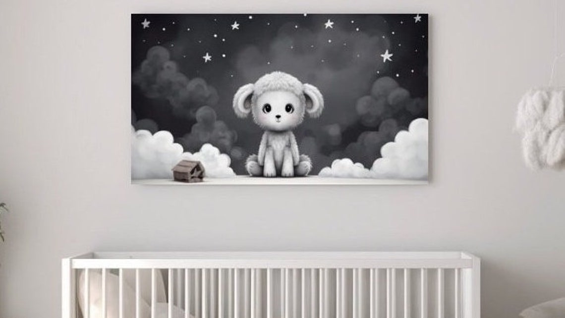 Baby Sheep Under Starry Night Clouds Cute Nursery Wall Art Poster