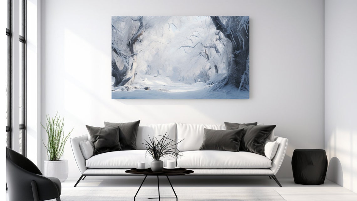 Snowy Winter Forest Path Icy Blue Landscape Trees Snow Art Poster