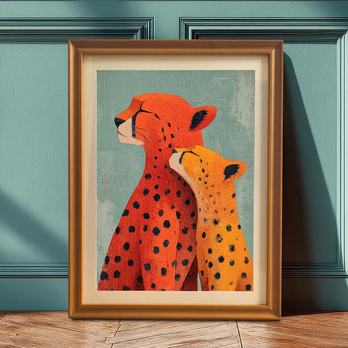 Modern Cheetah Mother Cub Nuzzling Orange Wildlife Art Print