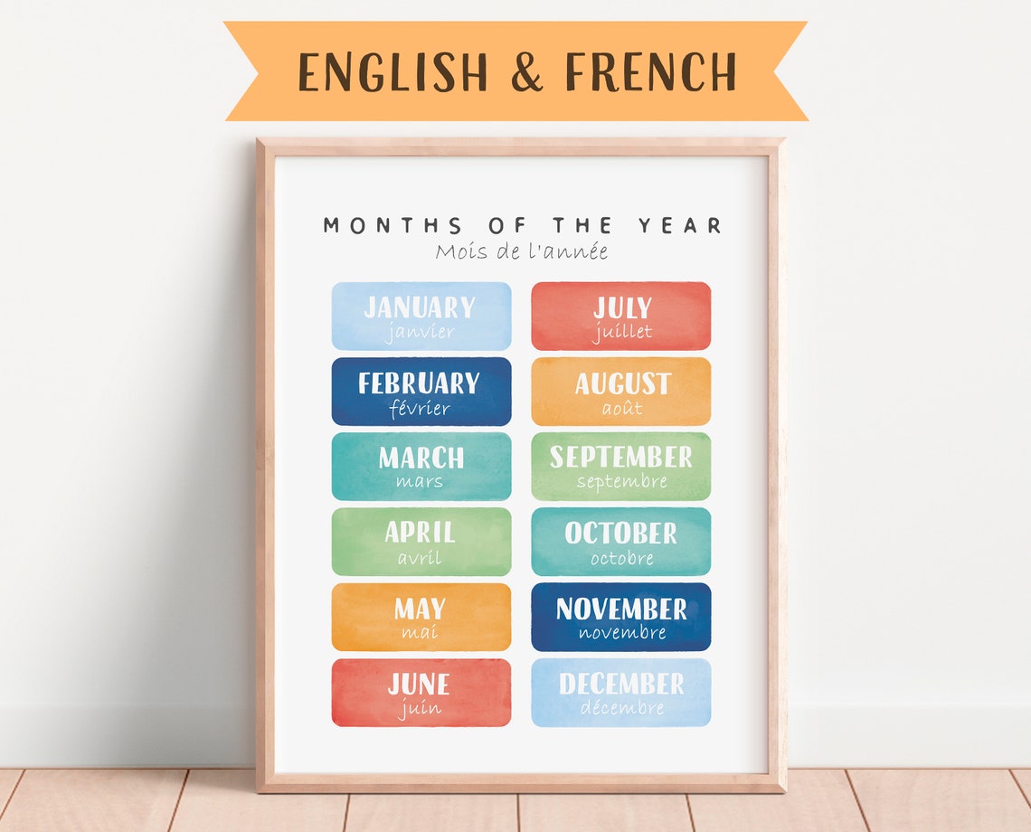 Months of the Year Bilingual English French Rainbow Chart Poster