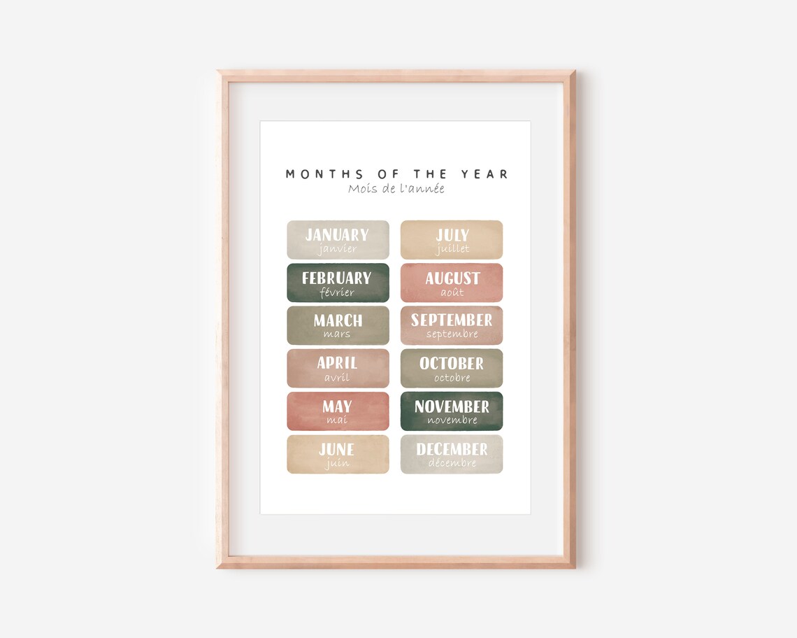 Months of the Year Bilingual English French Earth Tone Poster - Image 2