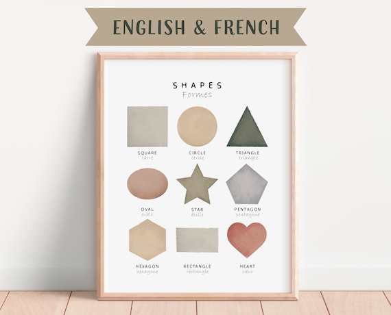 Shapes Bilingual English French Watercolor Learning Chart Poster