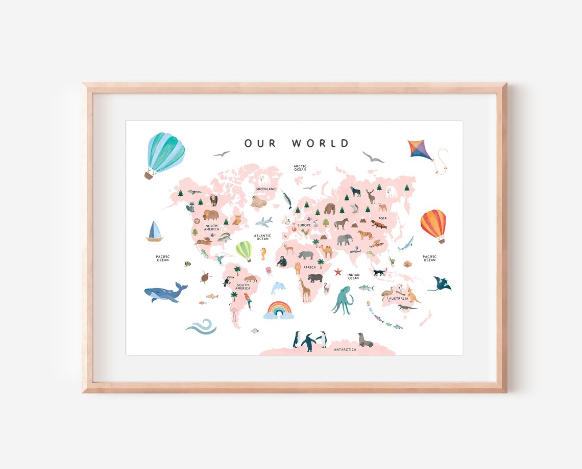 World Map Pink Nursery Educational Poster - Image 2