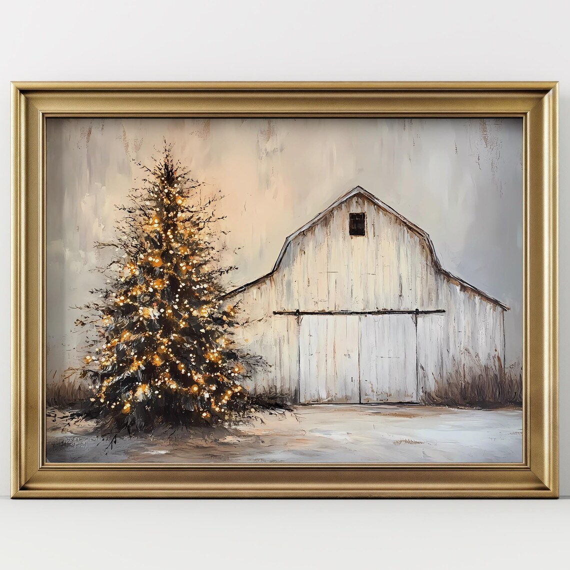 Rustic Christmas Barn Lit Evergreen Winter Farmhouse Painting Print