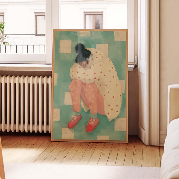 Moody Contemplative Portrait Print Emotional Fashion Woman Artwork Retro Painterly Figurative Wall Decor Cozy Modern