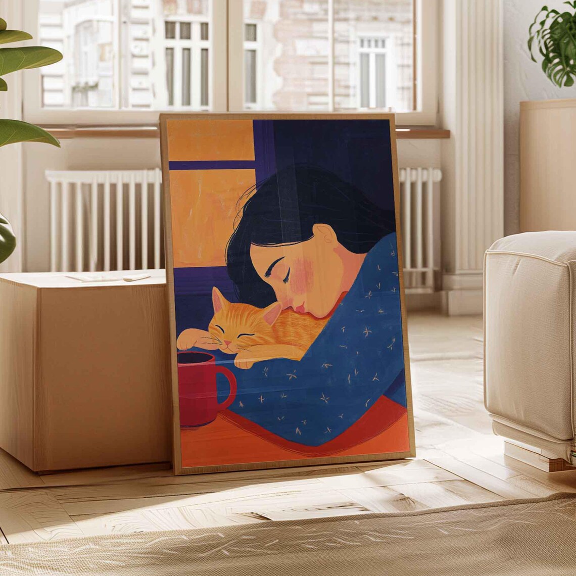Sleeping Woman with Ginger Cat Cozy Nighttime Illustration Print