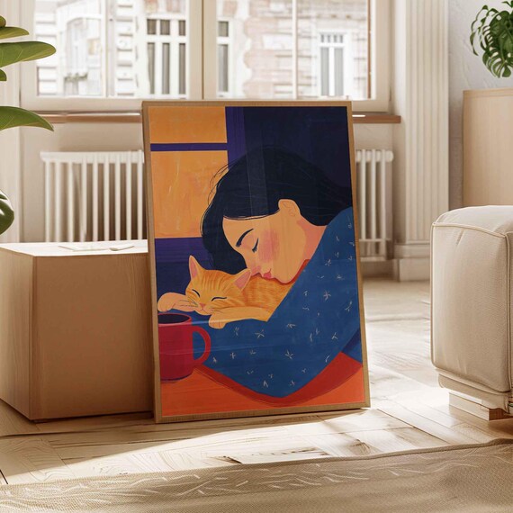 Sleeping Woman with Ginger Cat Cozy Nighttime Illustration Print