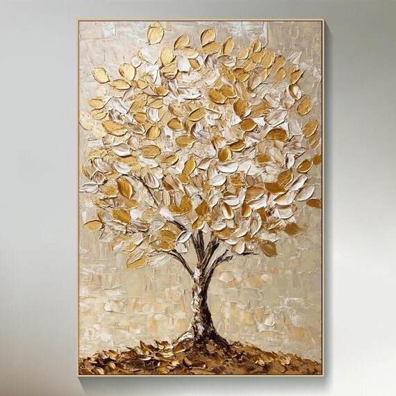 Gold Tree Painting On 3d Abstract Tree Textured Wall Art Modern Wall Art Neutral Gold Art Metallic Tree Artwork Large Living Room Art