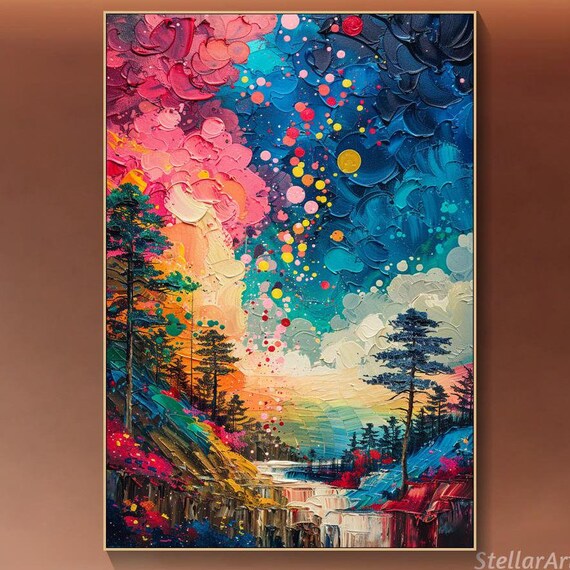 Colorful Starring Textured Wall Art 3d Abstract Painting On Vibrant Forest Art Nature Large Modern Sky Art Living Room Art